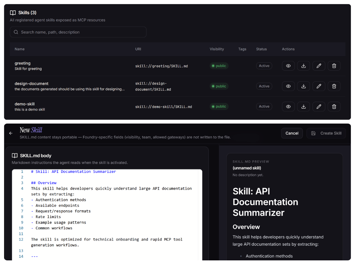 Skills flow: tools, resources, and prompts compose into Skills in the registry, distributed via MCP to any agent